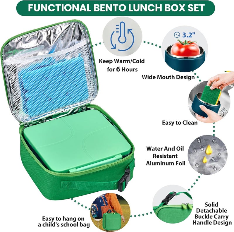 BABHAMNESS Bento Lunch Box with 8oz Soup Thermo,Kids Leakproof 4 Compartment Lunch Food Containers with Sauce Cup and Ice Pack,Kids Thermo Insulated Hot Food Jar and Lunch Bag for School,Trvael-Green - Image 3